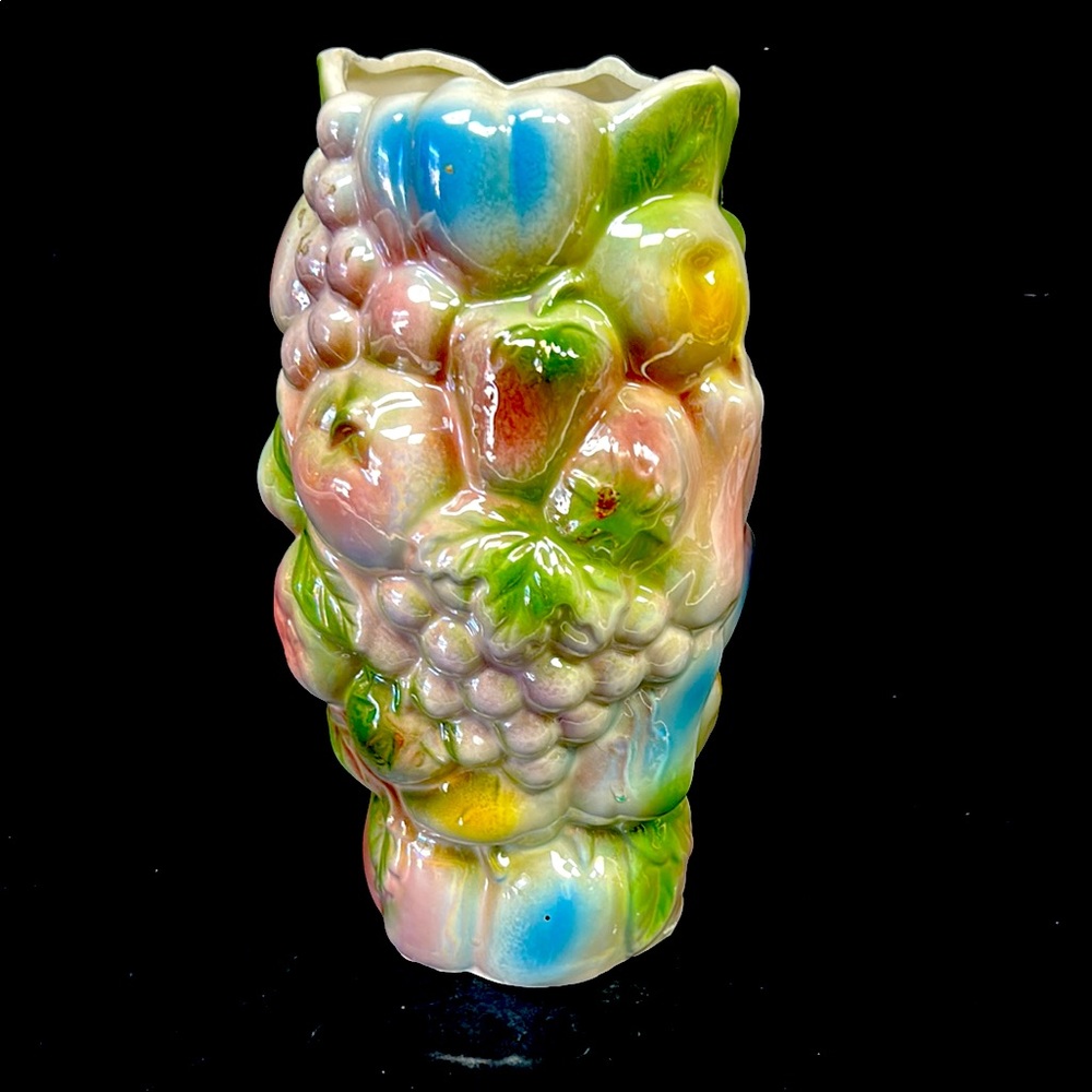 Vintage 1980’s 9.5” H iridescent Patel coloured 2 D assorted fruit ceramic vase